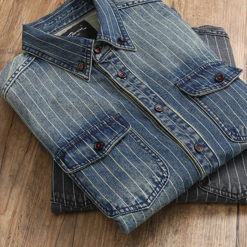 

Amekaji VIntage Denim Shirt Men Spring Autumn New Lapel Multi-pocket Blue Striped Long Sleeve Cargo Casual Cardigan Tops