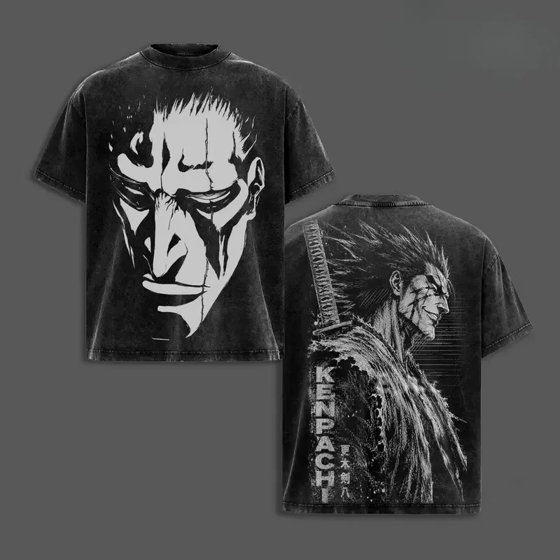 BLEACH Zaraki Kenpachi Printed Washed Cotton T‑shirt Unisex Loose Summer Short Sleeve Harajuku Streetwear Casual Tops