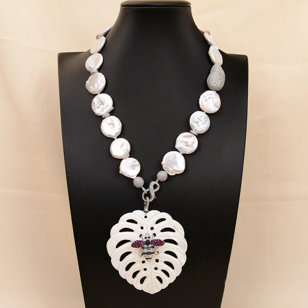 APDGG NO151 Handmade Natural White Coin Pearl Heart Shell Pendant Gems Multi Strands Necklace