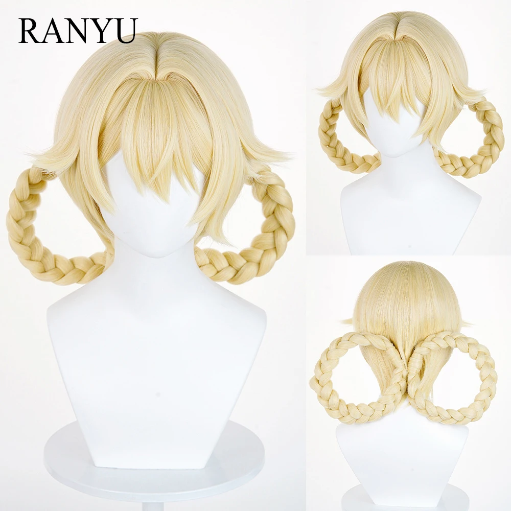 

Blonde Short Straight Synthetic Wigs with Bangs with Braided Clip Fluffy Anime Game Cosplay Wig for Daily Party