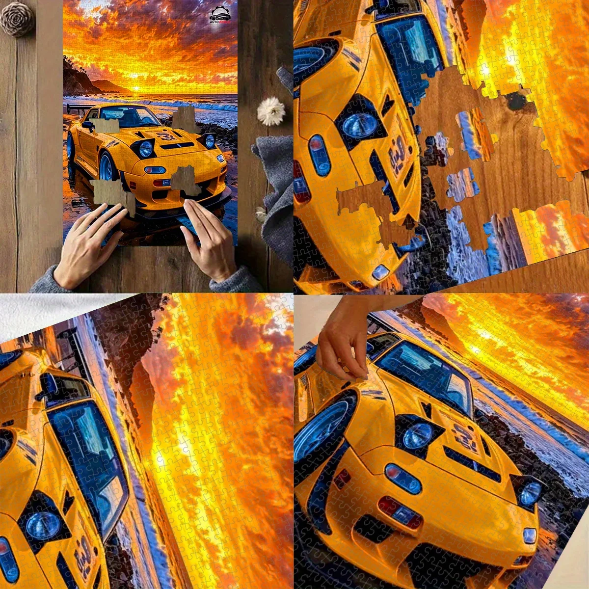 Vibrant Yellow Sports Car at Coastal Sunset Scene Jigsaw Puzzle Adult Automotive Theme Intellectual Game Home Leisure Decorative