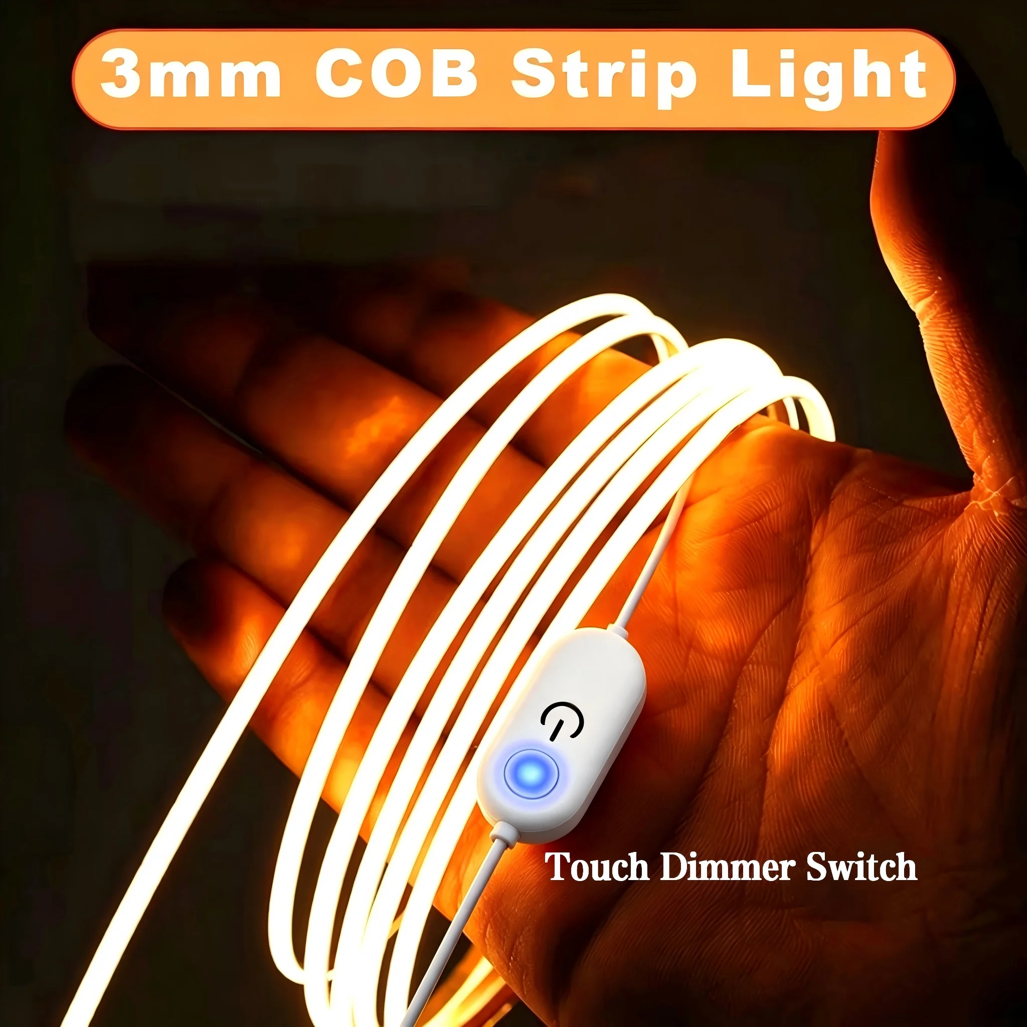 Cobled Light Strip, Flexible High-Density 3mm Wide Cob Strip Led Light Strip, Touch Dimmer Switch, Adjustable Light Brightness, Warm Light 3000K/White Light 6500K, Ultra-Thin and High Brightness, Can Be Hidden Inside C