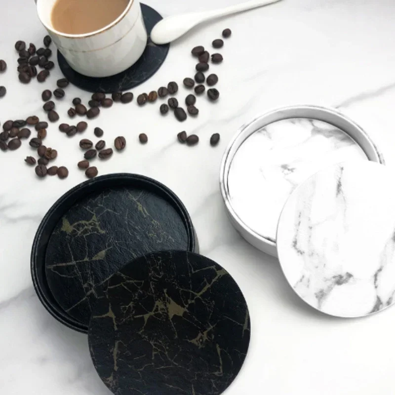 6pcsMarble Coaster Artificial Leather 10cm Oil and Water Resistant Heat Resistant With Base Double Sided Leather Coffee Coasters