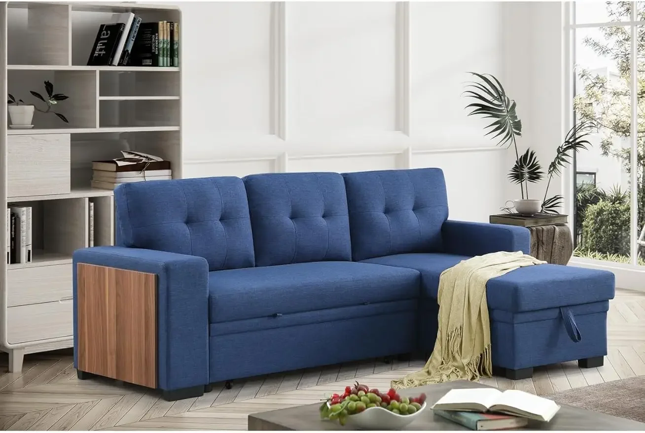 Fabric Reversible Modern Side Compartment Sleeper Sectional Sofa Bed-Blue, L-Shape Design,Suitable for living room