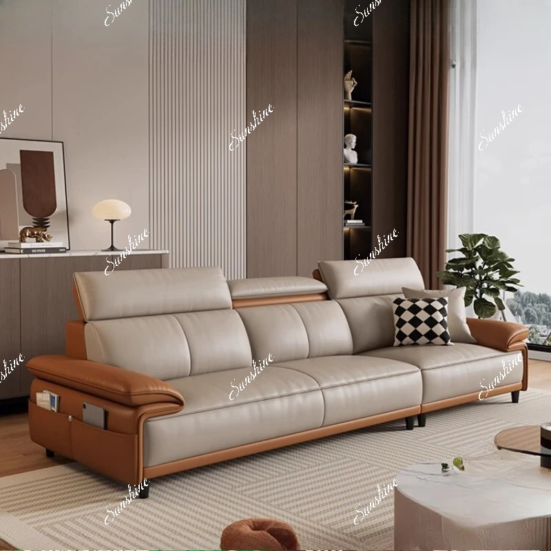 

Leather sofa, Italian minimalist light luxury living room small apartment straight row adjustable function