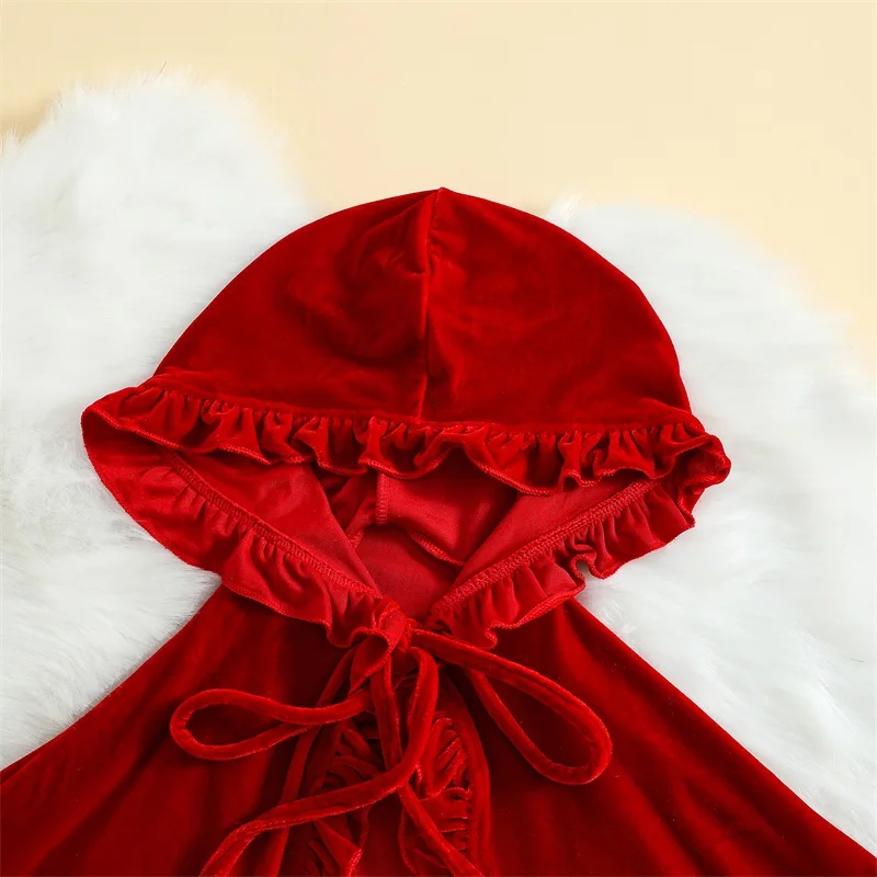 1-5years Kids Girls Cloak Soft Hooded Lacing Frills Cape With Plush Balls For Christmas Party Girls Xmas Cosplay Outwear