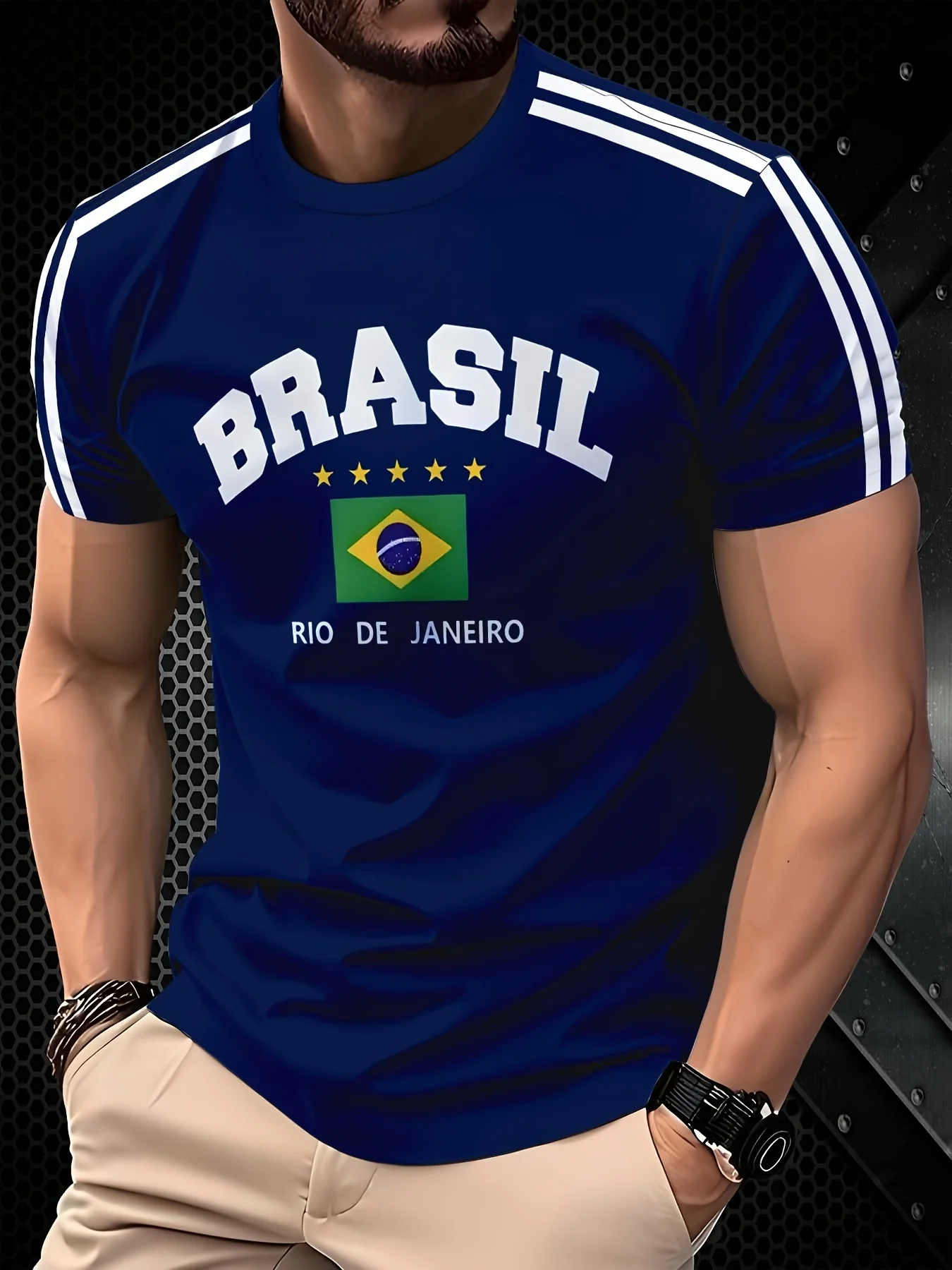 Herren-T-Shirt mit brasilianischer Flagge und Grafik – lässige, bequeme Passform, kurze Ärmel, Polyester-Mischung, Rundhalsausschnitt, maschinenwaschbar, Marineblau