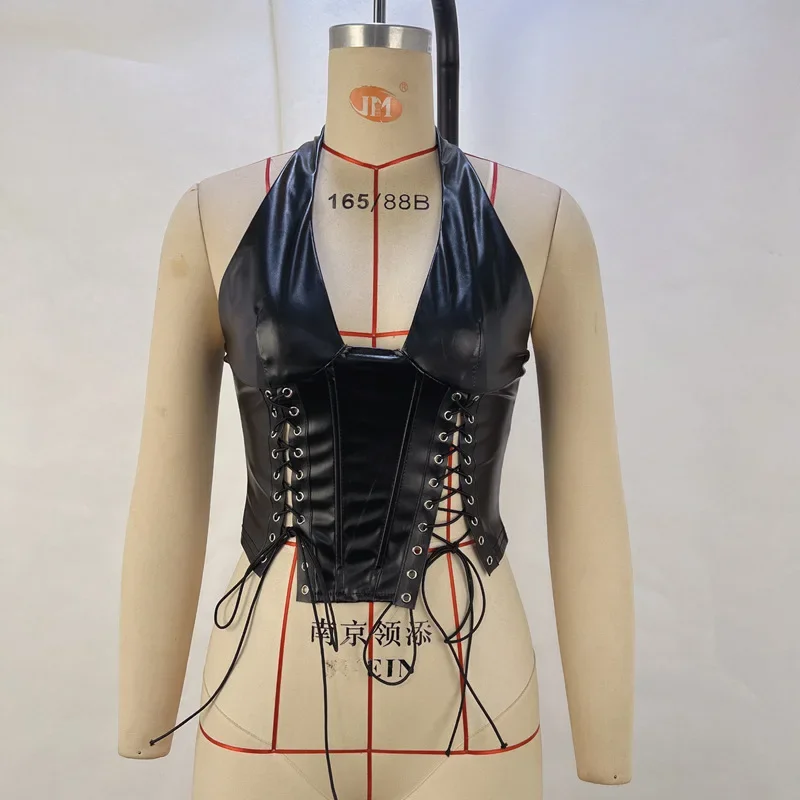 Womens Wet Look Skinny Crop Top Patent Leather Sleeveless Tanks Front Hallow Out Crop Tank for Clubwear Pole Dance Dating Night