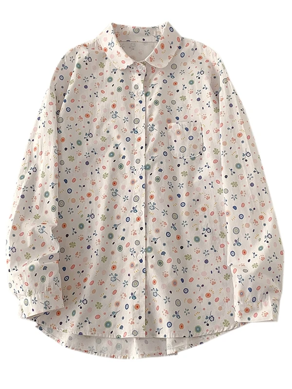 

Spring 2025 Floral Print Loose Long Sve irt Women's Casual Sle Versatile Slimming Faionable Top Age-Defng Trendy