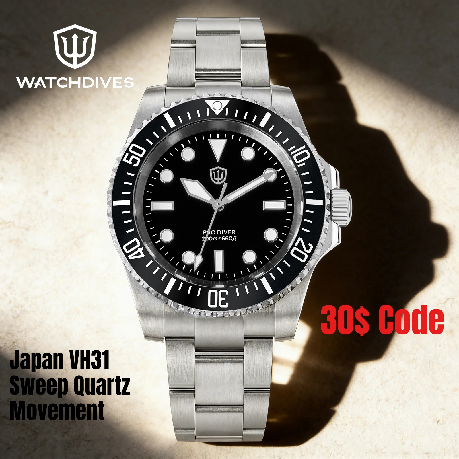 

Часы для дайвинга Watchdives WD1680Q V2, кварцевые, с механизмом VH31, 39 мм, сапфировое стекло, водонепроницаемость 200 м, керамический безель, светящиеся стрелки BGW9, нержавеющая сталь, мужские