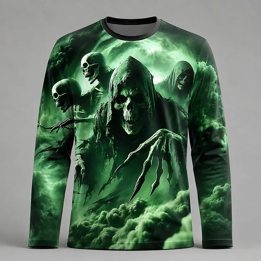 Men Long Sleeve T‑Shirt 3D Grim Reaper Skeleton Cloud Crewneck Top Halloween Gothic Horror Casual Streetwear Men's Gift T-shirts