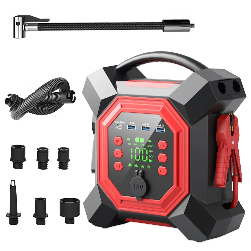 12V 6-in-1 Car Jump Starter 3000A Peak Current Portable Power Bank Air Compressor Inflator for Truck Motorcycle
