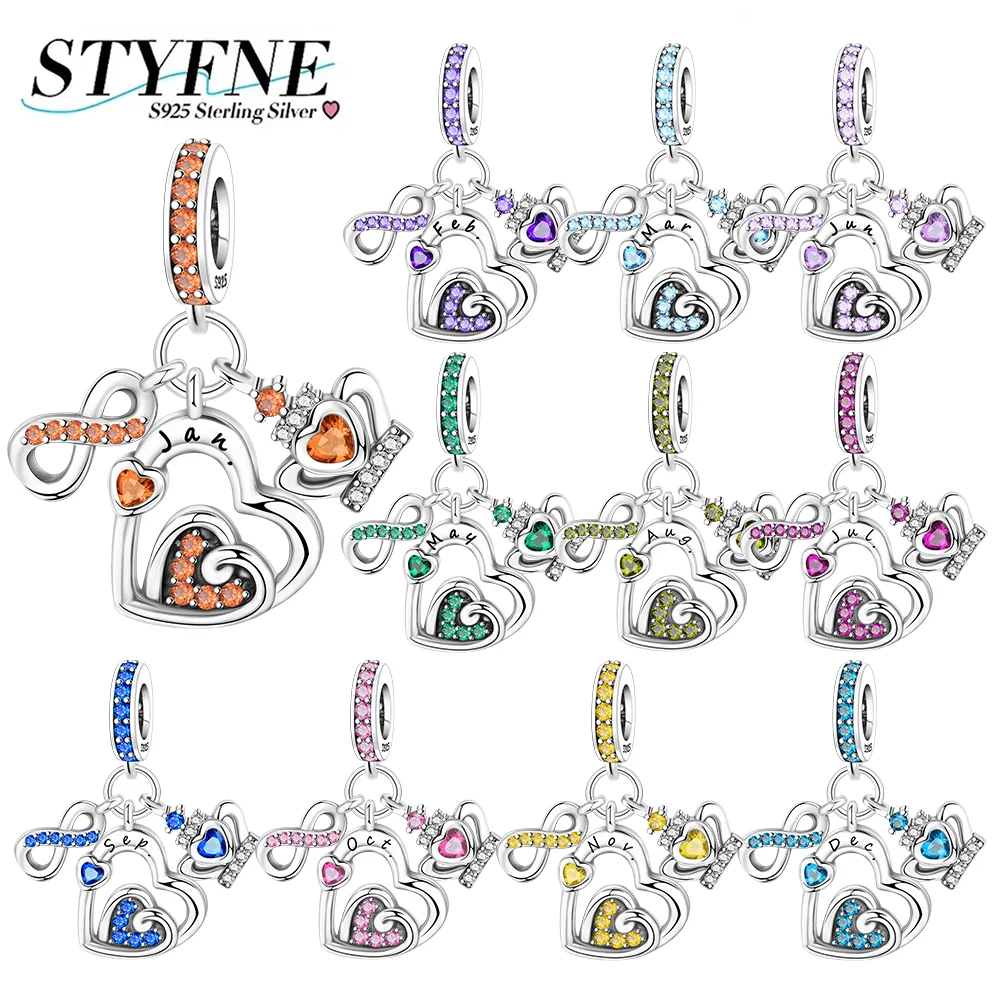 Charms Plata 925 Originales Month Heart-shaped Love Beads for 925 Sterling Silver Bracelet Beads Jewellery Making Women's Gift