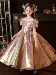 New Elegant Wedding Kids Formal Occasion Dress for Little Girls Luxury Long Evening Gowns Children Pageant Party Maxi Dresses