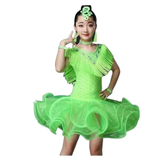 

children organza tassel latin dress girl rhinestone latin Tango Rumba Samba Costume