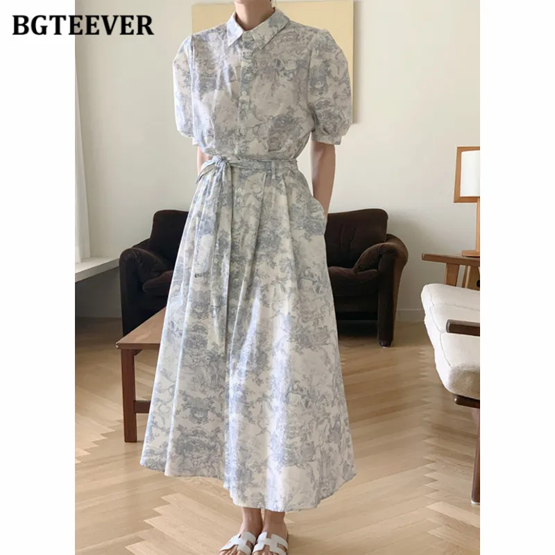 BGTEEVER Elegant Short Sleeve Female Printed Dress Spring Summer Vintage Slim Waist Lace-up Women A-line Dress