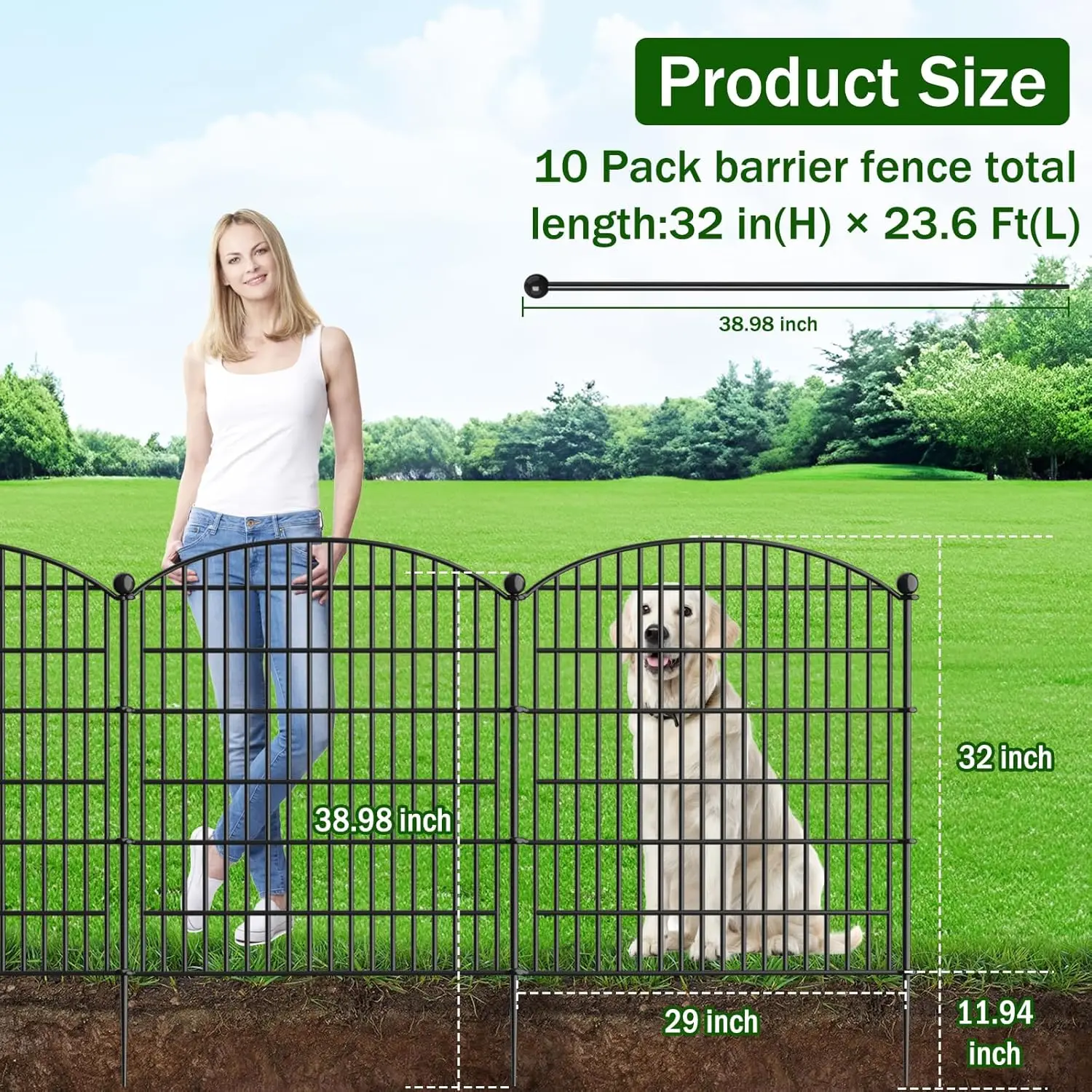 

10 Panels Decorative Garden Fence with Gate - 32 in (H) x 23.6 ft (L) No Dig Dog Fence Outdoor for Yard, Rustproof Tall