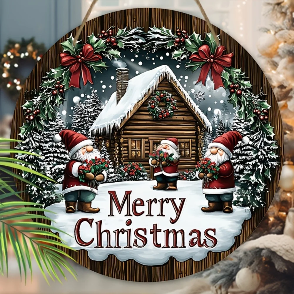 علامة إكليل جنوم عيد الميلاد الخشبية الساحرة - تصميم تخفيف ثنائي الأبعاد، مثالية للباب الأمامي وديكور الحائط، ديكور عطلة خالي من البطارية