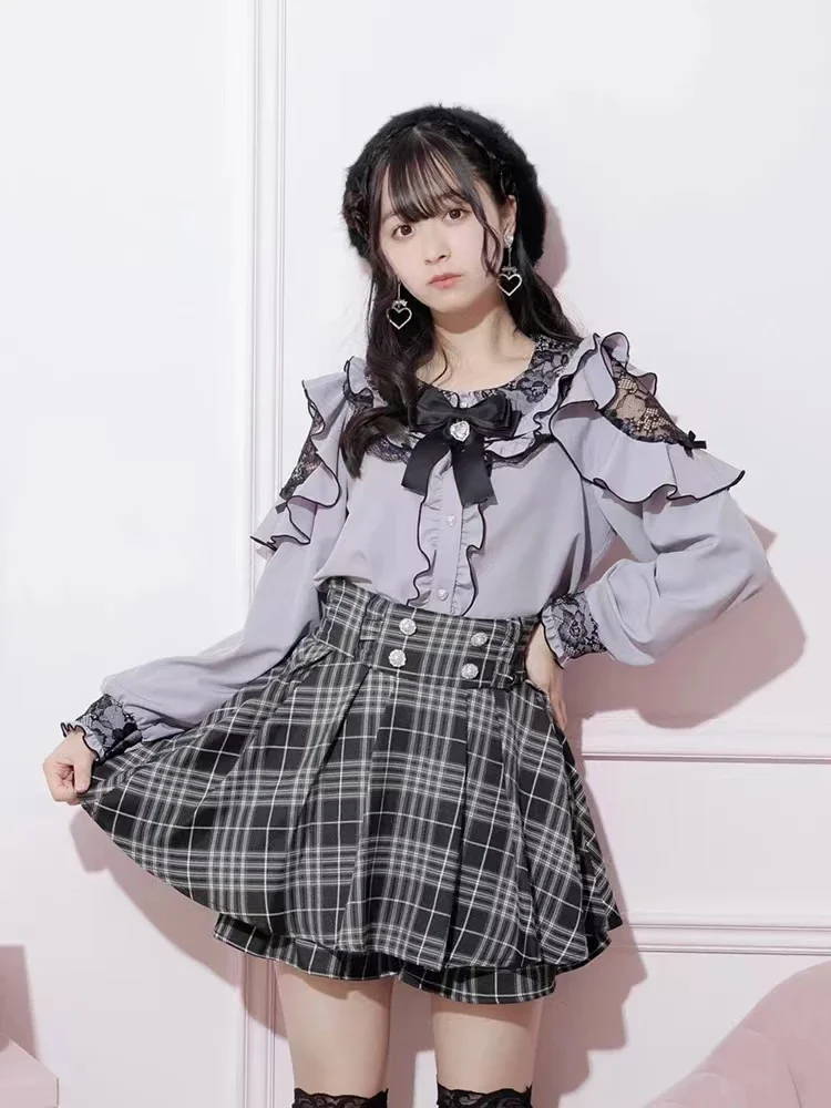 Japanese Blouse Women Top Elegant Lace Ruffles Off Shoulder Sweet Bow Mine  Spring Autumn New Long Sleeve Shirt JK Girl Camisas