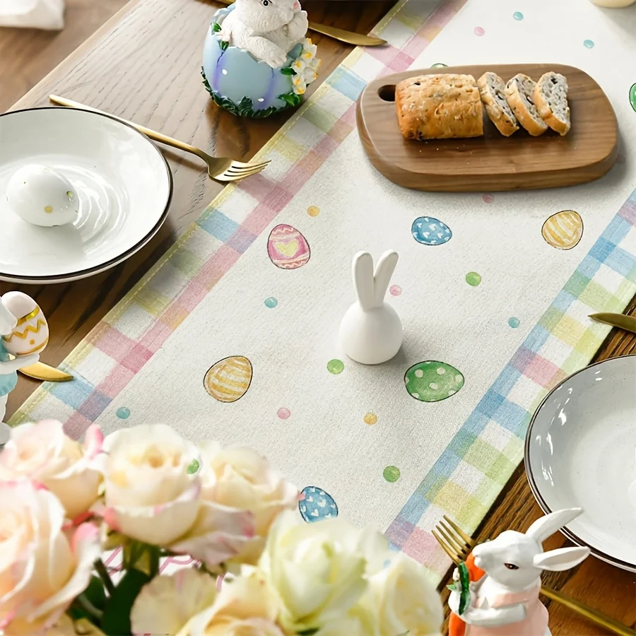 1pc Easter Bunny Table Runner, Linen Table, Buffalo Plaid Design, with Colorful Rabbits, for Spring Home & Party Decor