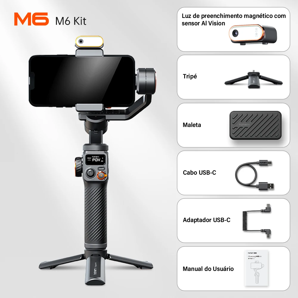 Hohem-iSteady M6 Kit Gimbal For Smartphone, 3-Axis Gimbal, AI Tracker, Fill Light, For iPhone 15 Pro Max And Android Stabilizer