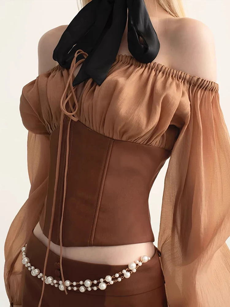 REDDACHiC Western Cinched Top Skirt Set One-shoulder Bow Lantern Long Sleeve T-shirt Bodycon Mini Skirt Vintage Women Clothes