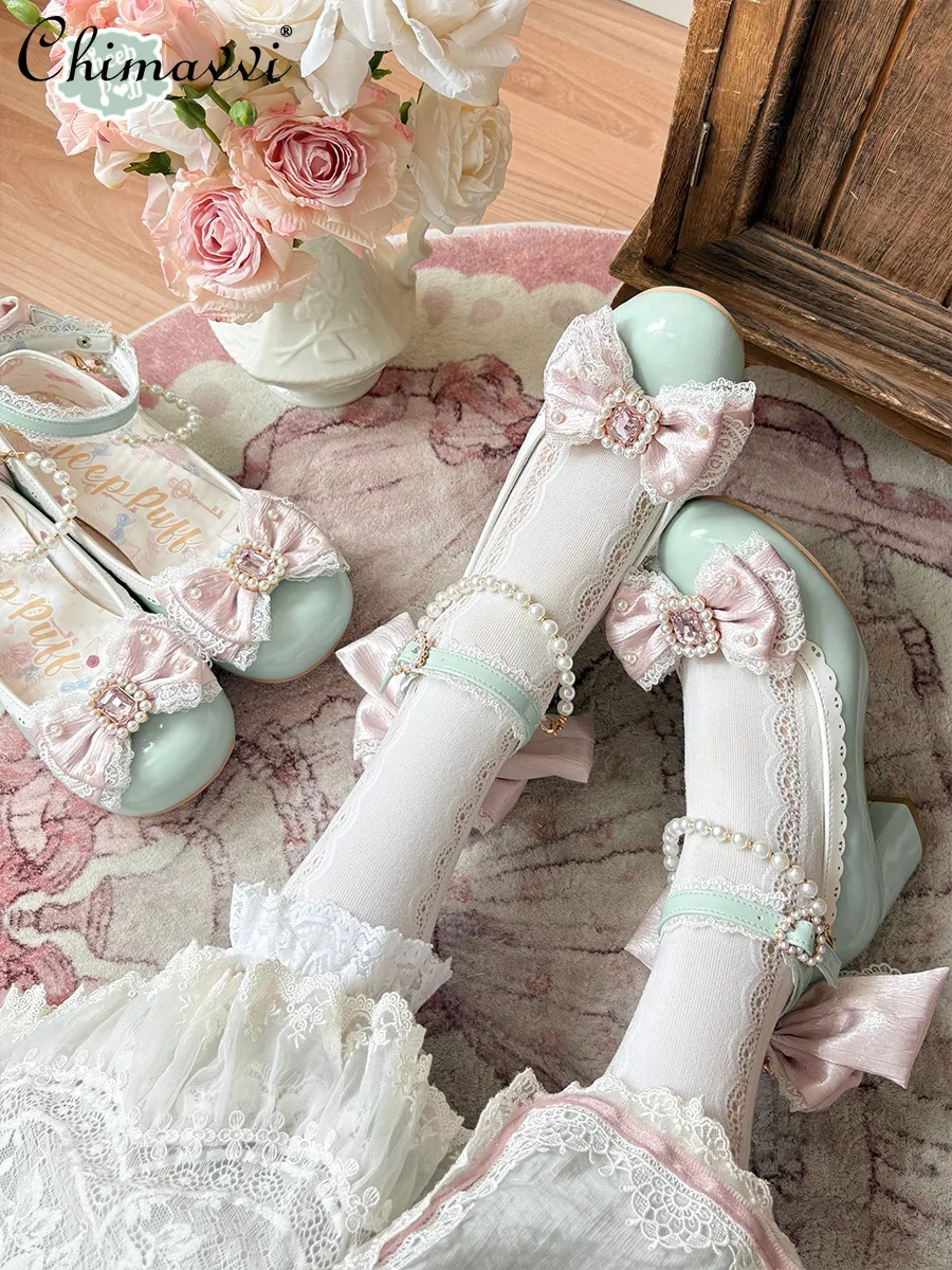 

Lolita Bow Low Heel Heavy Pearl Mary Jane Women's Shoes 2025 New Sweet Girl Princess Cute Bow Elegant High Heels Pumps