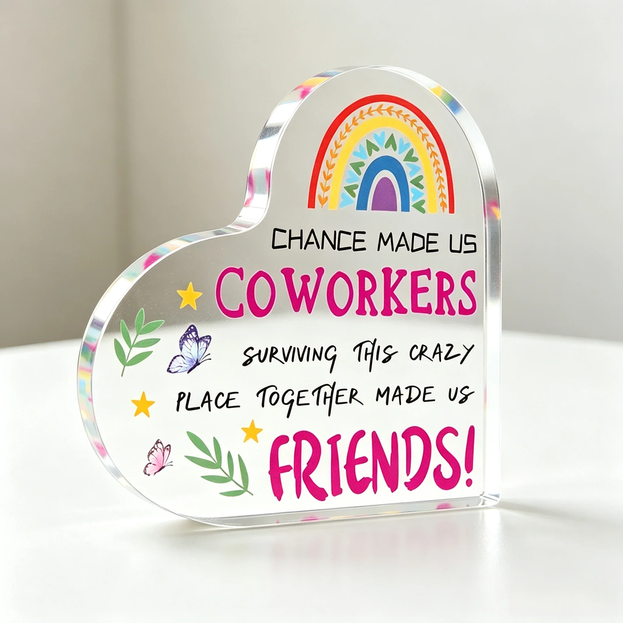 Chance Made Us Coworkers Heart‑Shaped Acrylic Tabletop Plaque, Rainbow Butterfly Coworker Gift Desk Decor