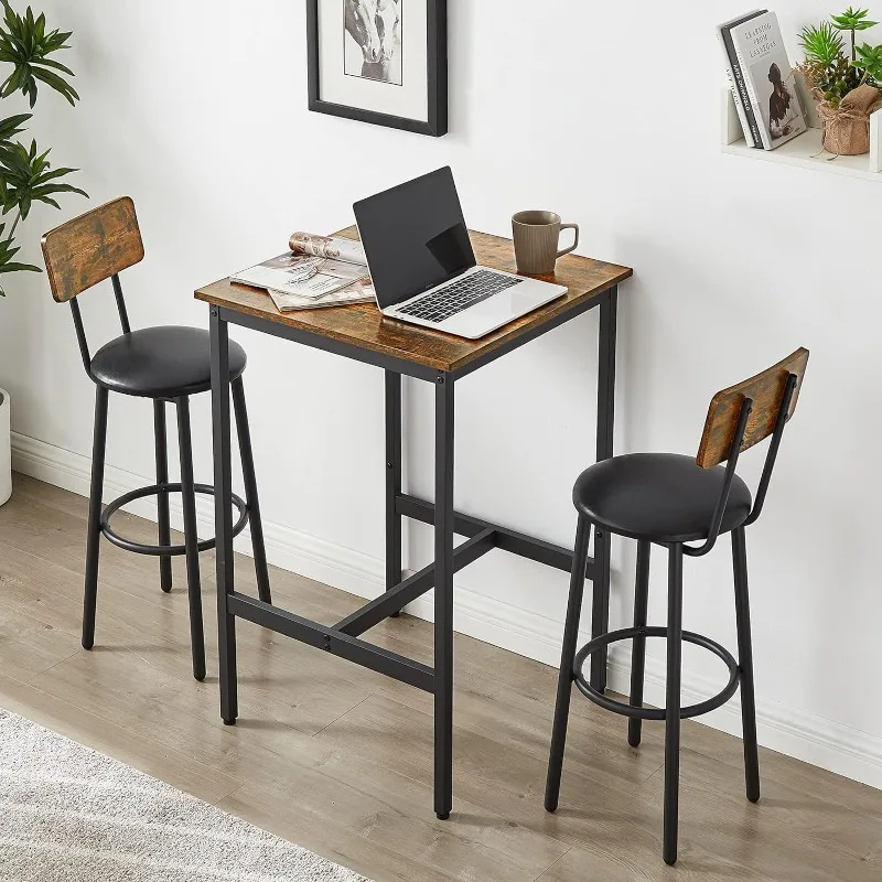 3-Piece Bar Table and Chairs Set for Small Space, Bar Set with Square Table and PU Stools,Coffee Table Set for 2