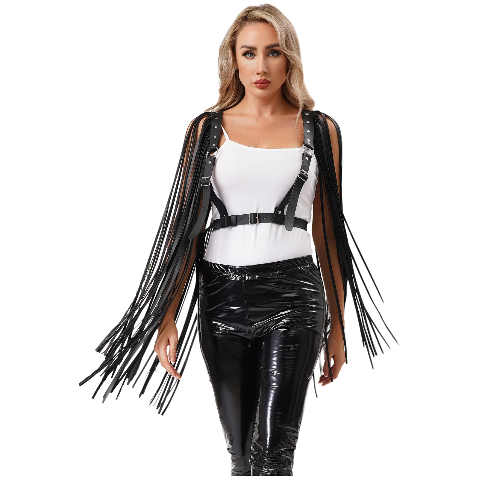 

Womens Steampunk Tassel Cape Body Chest Harness Belt with Faux Leather Fringe Shrugs Raves Halloween Cosplay Clubwear Costume