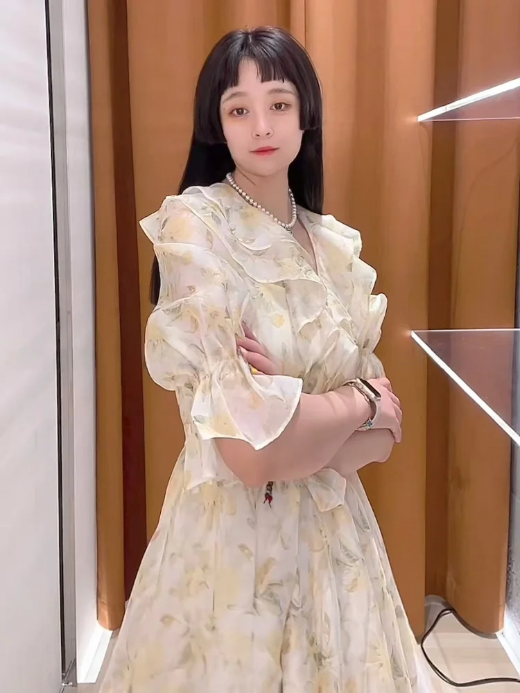 Ele Summer Tea Break V-Ne Puffy Sve Dr Women's New Print Waist-Cinching Long Dr High Waist A-Line Skirt