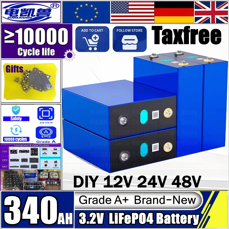 

Brand New A-grade vehicle electric ship solar system 340Ah LiFePO4 3.2V cells suitable for DIY 12V 24V 48V battery pack no tax