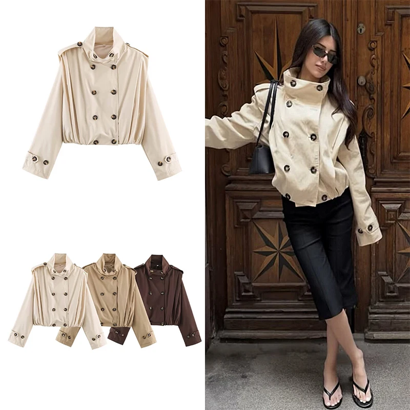 Guobioziy 2026 Autumn Slim Fit Windbreaker Women Stand Collar Button Down Short Outerwear Multiple Colors For Casual Outfit