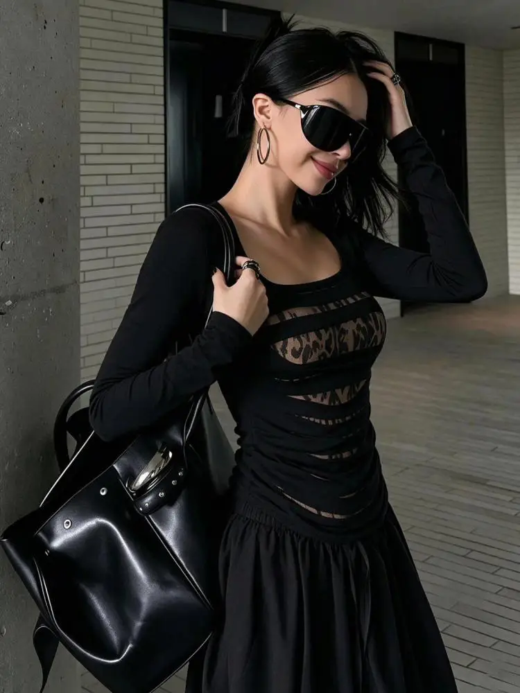 Yedinas American Style U Neck Women's T-shirt Hollow Out Leopard Long Sleeve Black Tees Female Clothing 2000s Clothes Y2k Tshirt