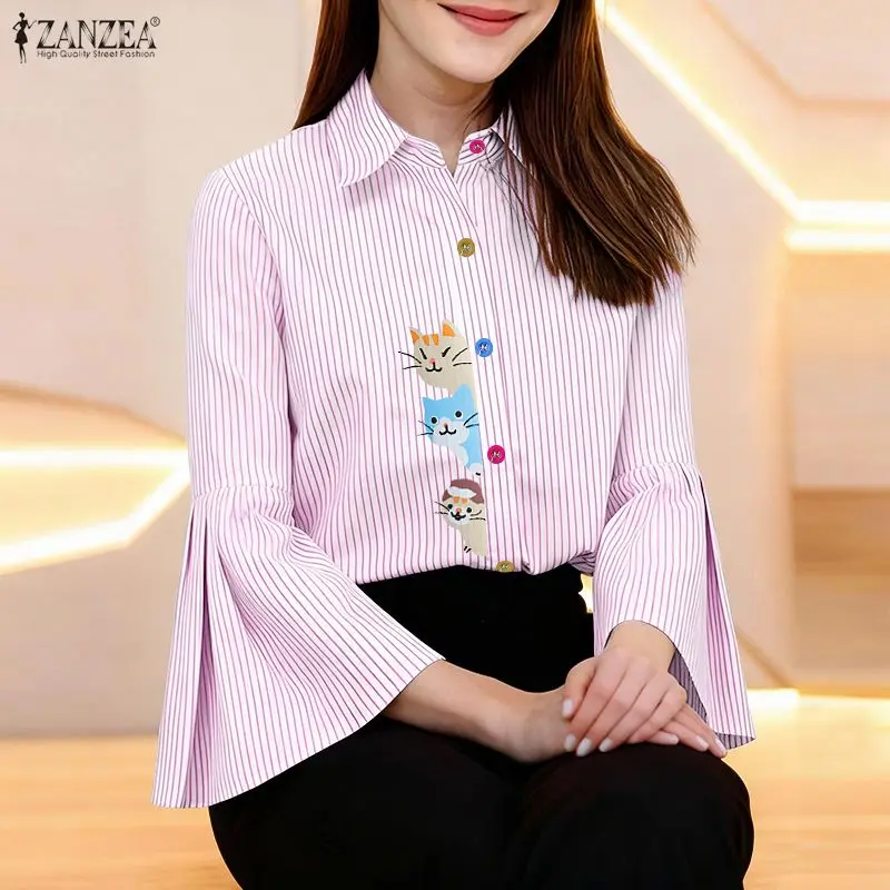 

ZANZEA 2026 Summer Women Elegant Office Shirts Striped Blouse 3/4 Flare Sleeve Car Print Korean Work Casual Ladies Tops Blusas