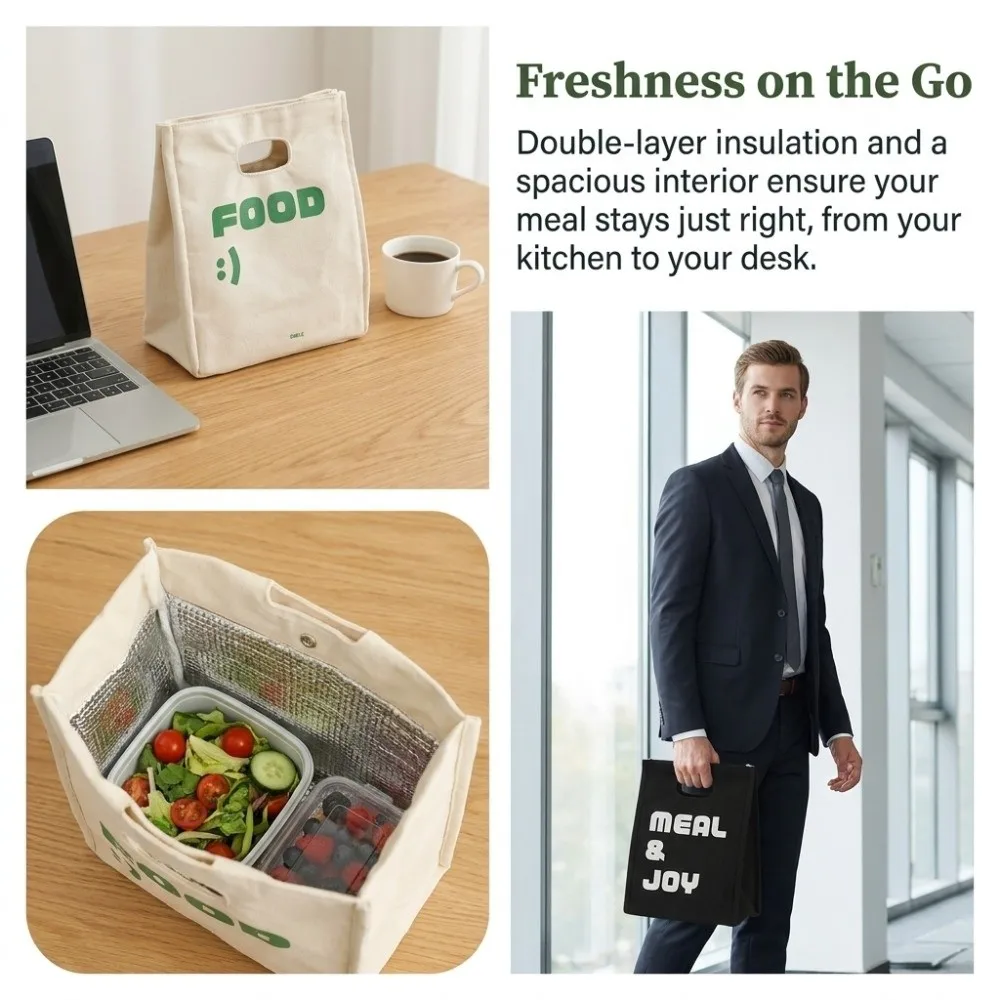 Picnic Aluminum Foil Liner Insulated Lunch Bag Canvas Large Capacity Portable Picnic Bag Reusable Thick Food Storage Bag Office