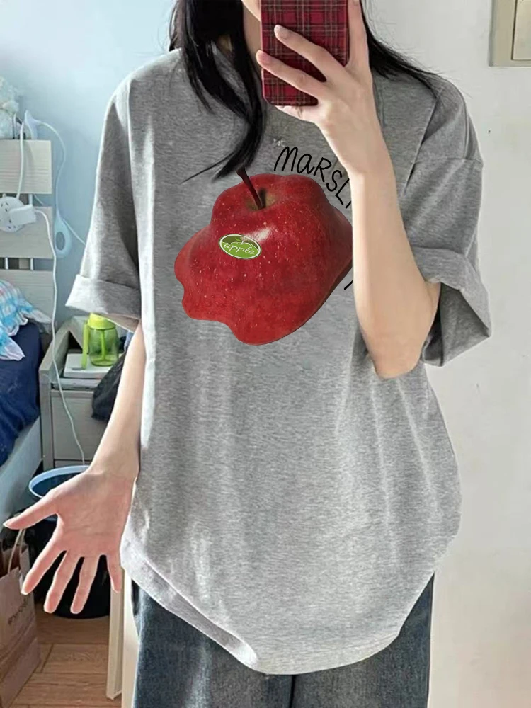 القطن الخالص التفاح الأمريكي تذوب الطباعة الإبداعية قصيرة الأكمام تي شيرت المرأة الصيف تصميم رمادي الجبهة الكتف تي شيرت عادية