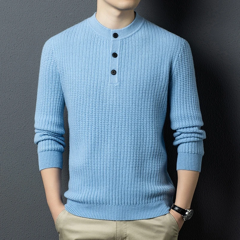 

100% Cashmere Wool 3 Buttons Jumper Men 2025 Winter Trendy Warm Sweater Long Sleeve Knitwear Male Sheep Wool Basic Clothes