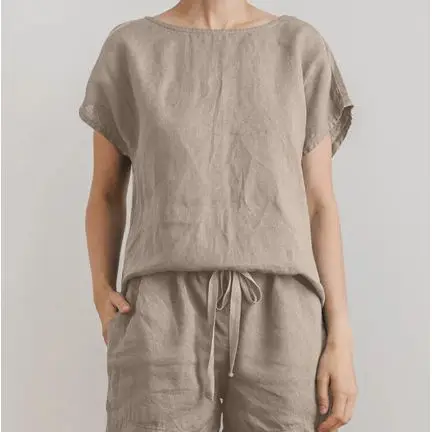 

Women's Clothing in Stock for Spring and Summer 2025 Cotton and Linen Set Round-neck Short-sleeved Shirt + Pocket Lace-up Shorts
