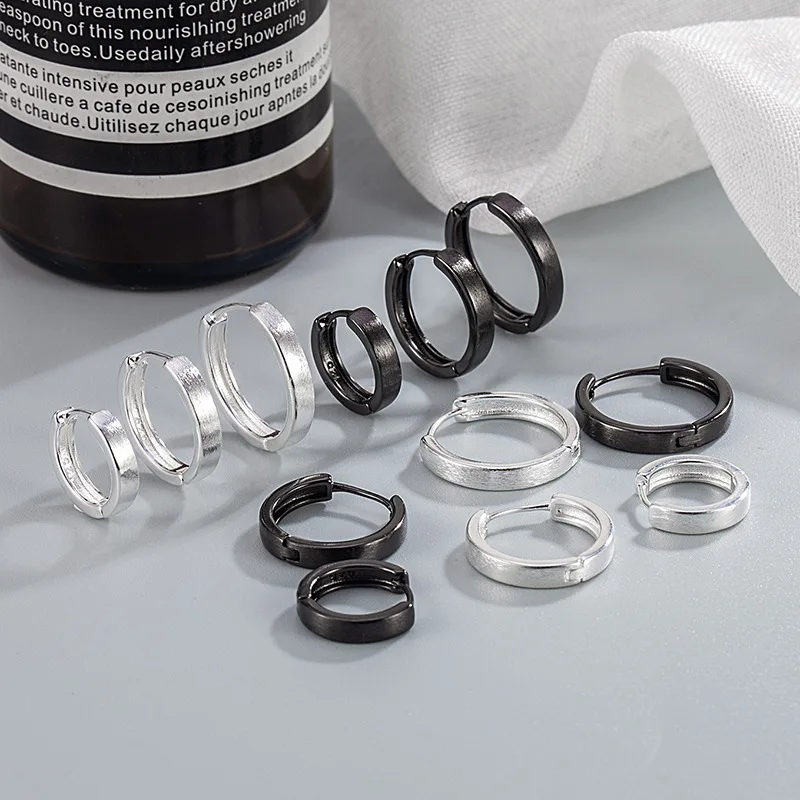 Brushed Huggie Hoop Earrings 3 Sizes Chunky Wide Circle Ear Buckles Black Silver Minimalist Unisex Hypoallergenic Jewelry Gift