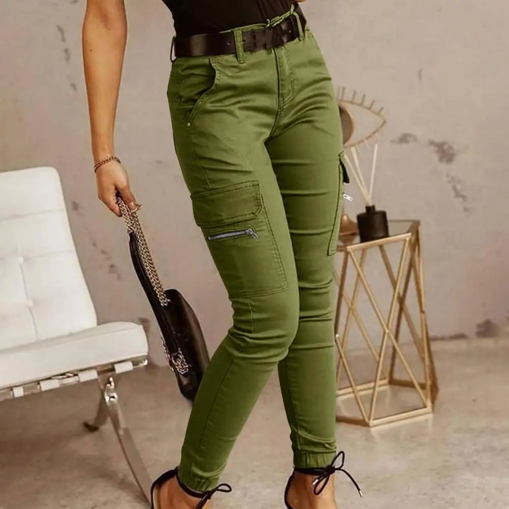 Khaki Woman Pant Pencil Pants Women Cargo Pants Pure Color Casual Trousers Multi Pockets Elastic Cuffs Women Commuting Pants