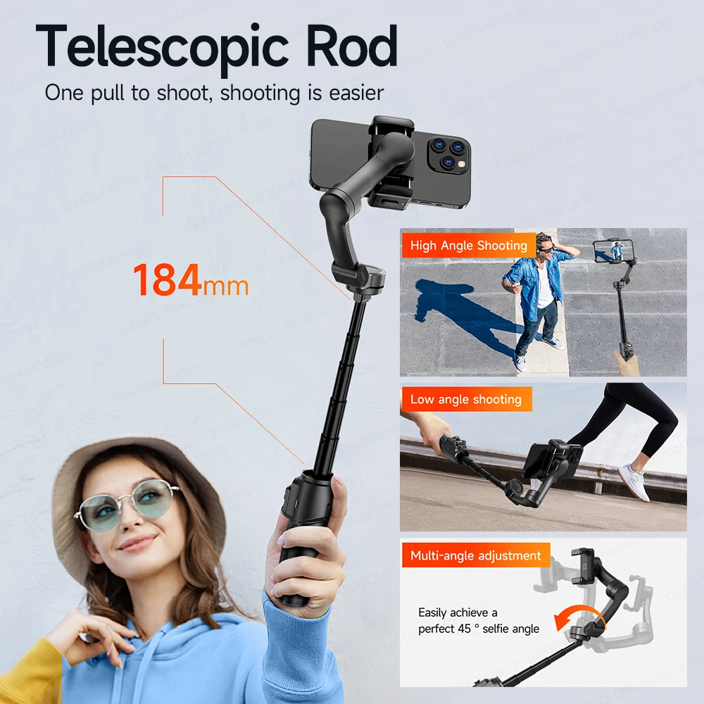 TOKQI M05 يده Gimbal 3-Axis مثبت الهاتف المحمول المدمج في قضيب تليسكوبي مع جهاز تحكم عن بعد لاسلكي للهواتف اطلاق النار مدونة فيديو