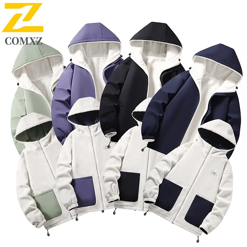 

COMXZ 2025 Mens Reversible Sherpa Lined Winter Jacket Hooded Unisex Cotton Coat Fashion Casual Warm Outwear for Teens Adults