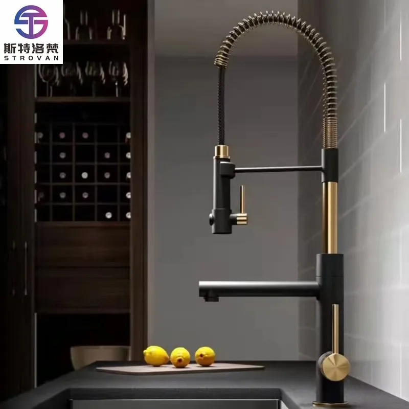 

Stainless Steel Single Handle Deck Mounted Black Gold Pull Out Semi Pro Spring Kitchen Sink Faucet Tap