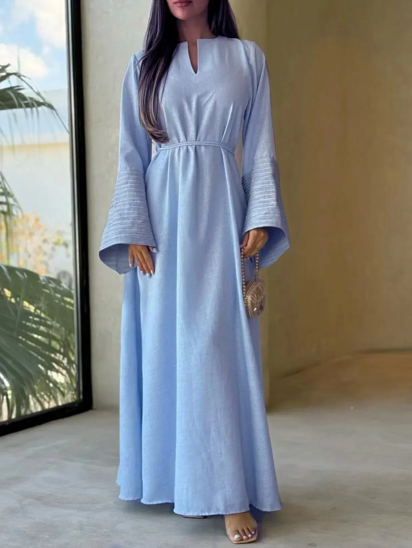 

Women's Dubai Abaya Muslim Dress V-neck with Embroidered Cuffs Attaching Thin Belt Hijab Friendly Elegant Long Gown
