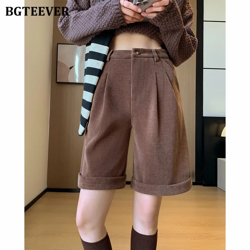 

BGTEEVER осенне-зимние вельветовые шорты для женщин, повседневные прямые шорты с высокой талией, женские