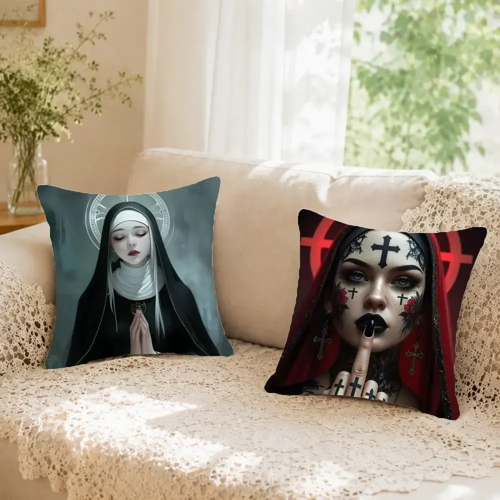 Mysterious Religious Figure N-Nun Cushion Cover Faux fur decorative Dark academia style Cat scratching post Rustic pillow cover