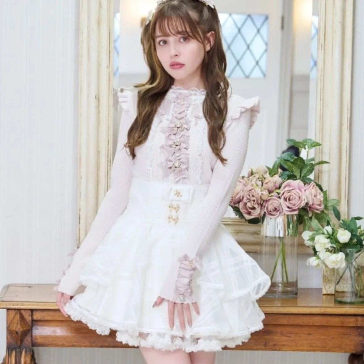 النمط الياباني الحلو لطيف فتاة LIZ تريكو أعلى جولة الرقبة طويلة الأكمام مقوس دانتيل القلب الماس بلوفر مغزول سترة للنساء