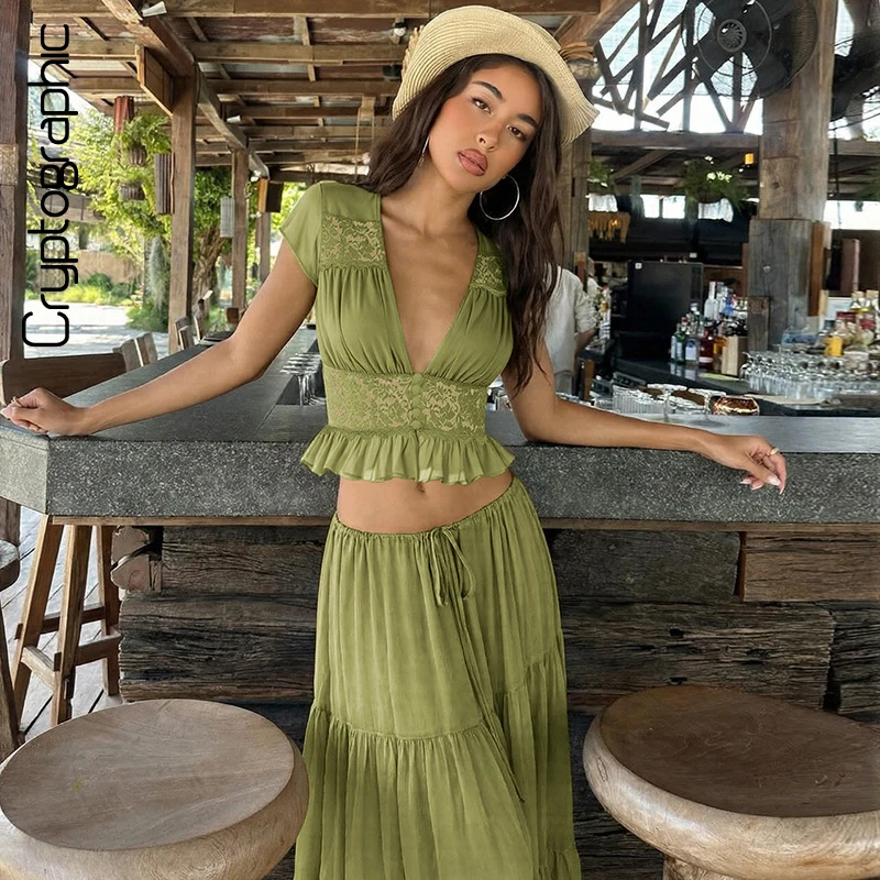 

Cryptographic Women's Boho 2 Piece Outfits Green Chiffon Lace Patchwork Crop Top Maxi Skirt Sets Casual Lazy Beach Vacation