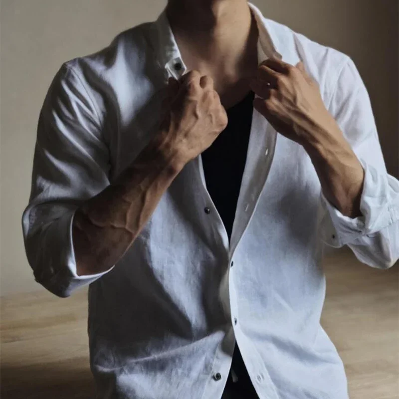 

Стильные мужские льняные рубашки с длинным рукавом, весенне-осенние повседневные облегающие кардиганы, топы, мужские льняные рубашки на пуговицах в стиле ретро